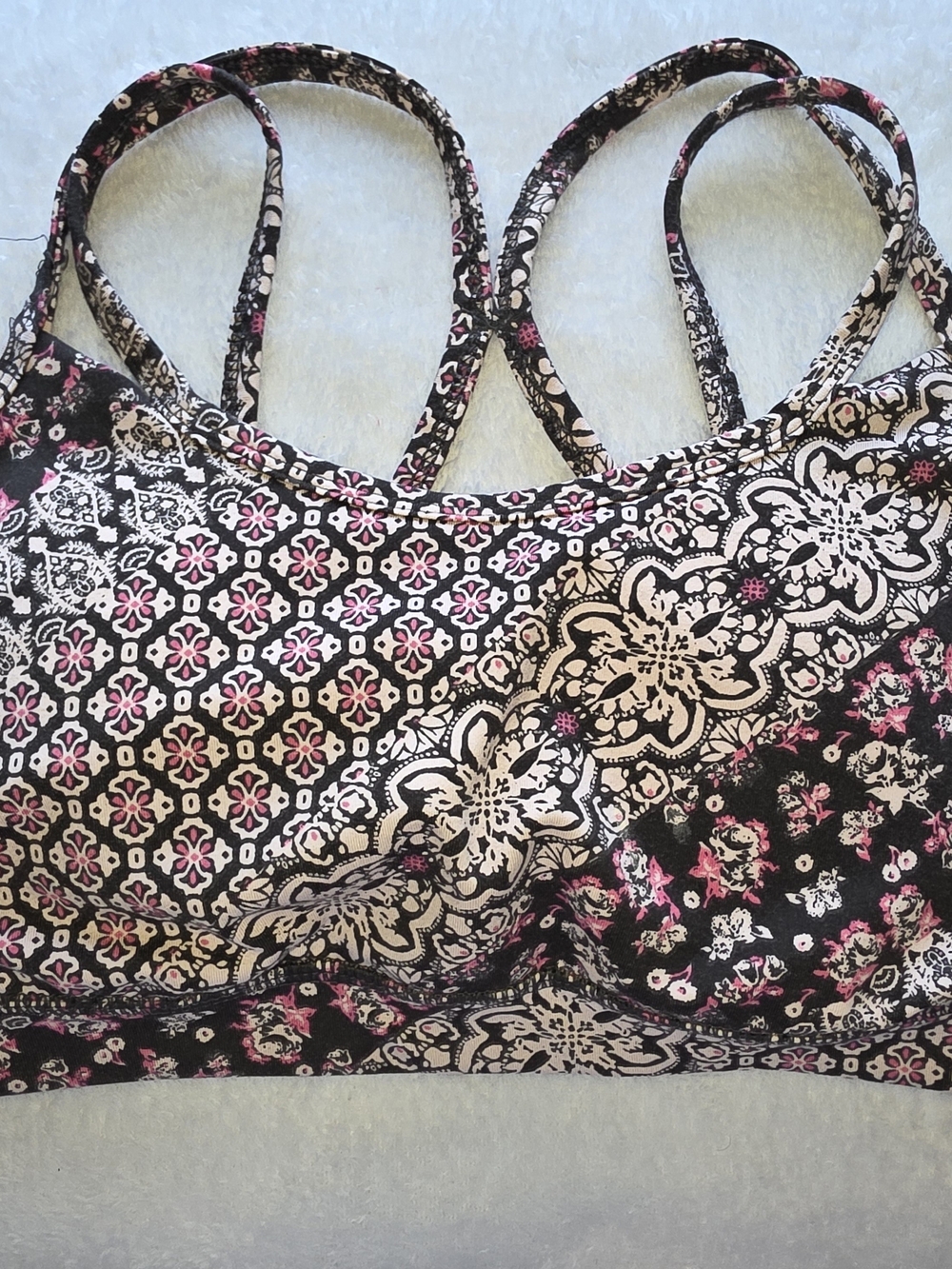 GAIAM Black Bralette with Pink and Cream Floral Pattern